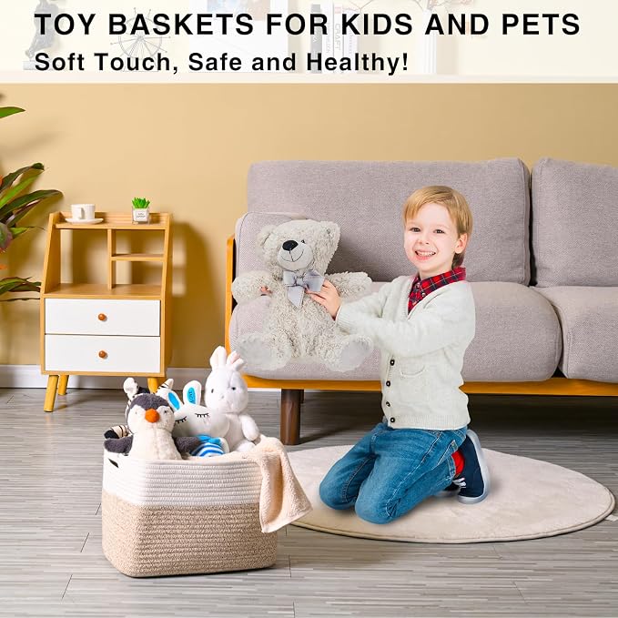 Storage Baskets for Organizing, Woven Storage Baskets for Shelves, Toy Storage Baskets for Kid's Room, Towel Baskets for Bathroom Nursery, 14.8"×11"×9.5", Pack of 3, Off White & Brown - Image 5