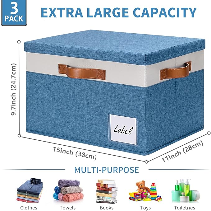GhvyenntteS Fabric Storage Bins with Lids (3 Pack), Large Closet Storage Baskets with Lid and 3 PU Handles, Foldable Fabric Storage Boxes with Label Window for Home Office (Blue, 15" x 11" x 9.7") - Image 3