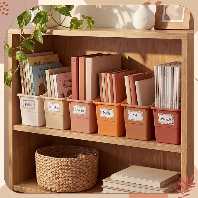 Blosssound 6 Set Book Bins for Classroom Stackable,Earth Tones | Plastic Baskets with Labels, Slanted Front, Library Supplies Organizers, Desktop Storage Bins, Teachers Home School Use - Image 4