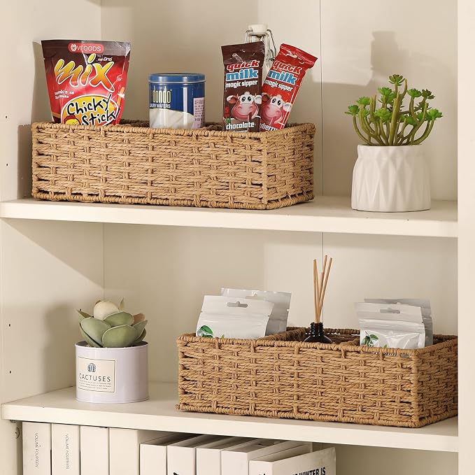 3-Section Wicker Baskets for Shelves, Hand-Woven Round Paper Rope Wicker Storage Basket, Toilet Paper Basket for Toilet Tank Top, Baskets for Organizing, 2-Pack - Image 4
