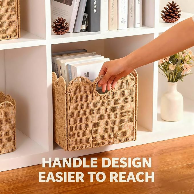 Scalloped Wicker Storage Cubes Basket, 12”x12“ Heavy Duty Paper rope/Hyacinth/Seagrass Baskets for Shelves, Foldable Natural Boho Square Bins (Paper Rope&12 x 12 x 12in&4-Pack) - Image 2