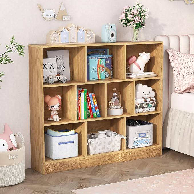 HONEY JOY Kids Toy Storage Organizer, 10-Section Wooden Floor Storage Cabinet, 41” Daycare Toy Chest, 3-Tier Kids Display Bookshelf for Classroom, Playroom & Nursery, Kindergarten (Natural) - Image 2