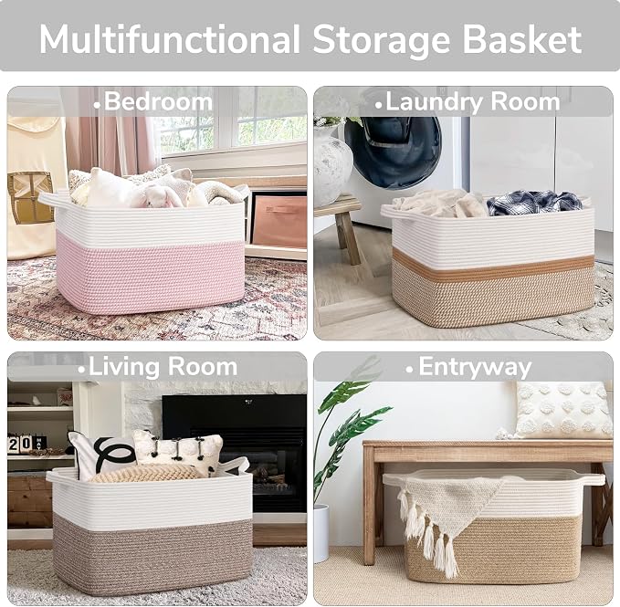 Goodpick Large Woven Rope Blanket Basket, Rectangle, White & Pink | 21.6'' x 14.9'' x 11.8'' Storage Basket for Baby Toys & Kids Essentials, Nursery & Bedroom Organization, Reinforced Handles - Image 4