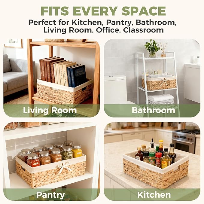 Wicker Shelf Storage Baskets for Organizing - Natural Water Hyacinth Woven Basket Organizers & Storage for Shelves w/Handles & Cotton Liner for Home & Pantry Decor Organization, Large 15” x 12” x 6” - Image 6