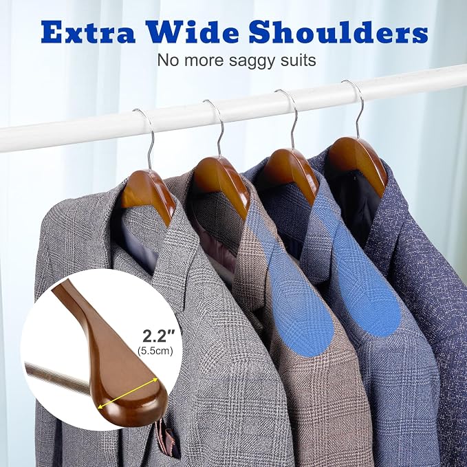 HOUSE DAY Wide Shoulder Wooden Hangers, Suit Hangers with Non Slip Pants Bar, Smooth Finish 360° Swivel Hook Solid Wood Coat Hangers for Dress, Jacket, Pants, Heavy Clothes Hangers 6 Pack (Walnut) - Image 3