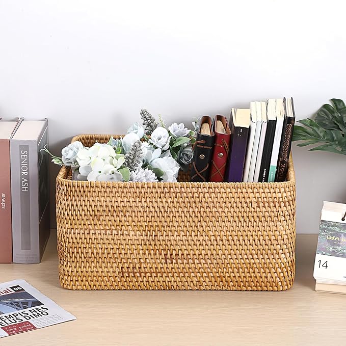 Hipiwe Rattan Wicker Storage Basket for Shelf Organizer, Large 15"x11"x7.1" | Handwoven Decorative Basket Bin with Build-in Handles, Natural Rectanguar Wardrobe Home Organizer - Image 2