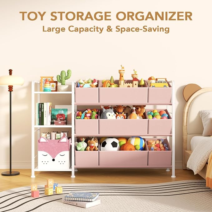 BBLIKE Kids Bookshelf and Toy Storage Organizer with 9 Removable Fabric Bins, Kids Book Shelf & Stuffed Animal Storage Rack for Playroom, Bedroom, Nursery, Pink - Image 4