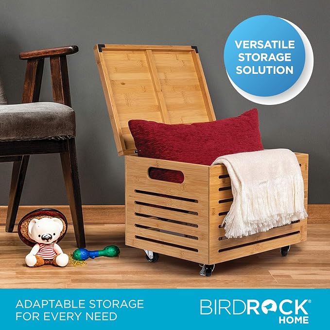 BIRDROCK HOME Rolling File Storage Organizer Box with Lid - Bamboo Decorative Wood Hanging File Box for Letter/Legal Documents, Binders, Blankets - Durable Office Organizer - Natural - Image 5