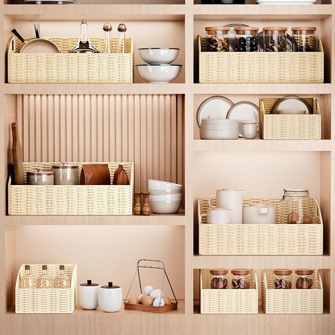 Pantry Baskets for Organizing, Wicker Storage Basket Beige | Handwoven Pantry Organizers and Storage with Built-in Handles, Laundryroom Organization Storage Bins for Snack Cans - Image 6