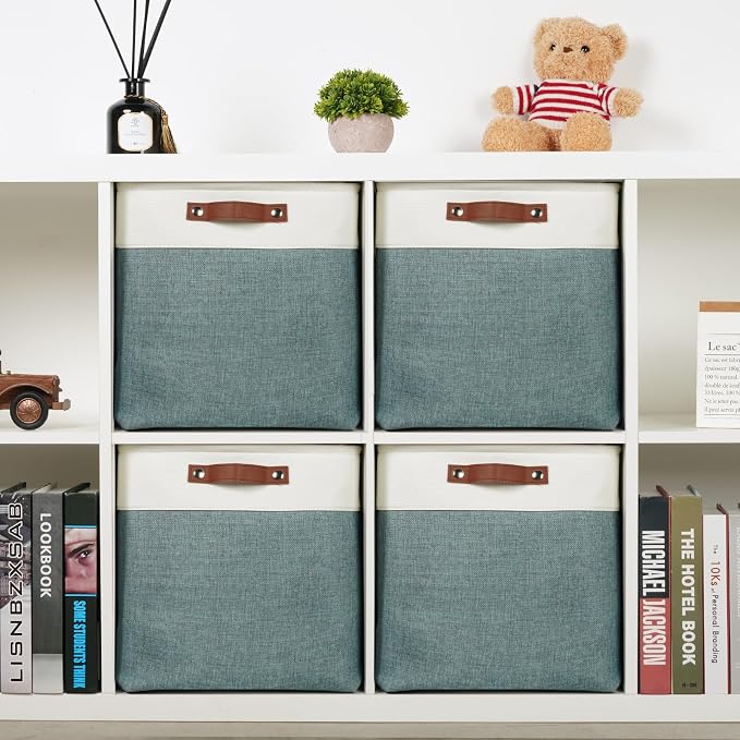 DULLEMELO Storage Bins, 4 Pack Of 13x13x13 Decorative Storage Cube Bins Suit Office, Home, Shelves And Closet, Stackale Gift Baskets Empty with Leather handle (White&Deep Green) - Image 3