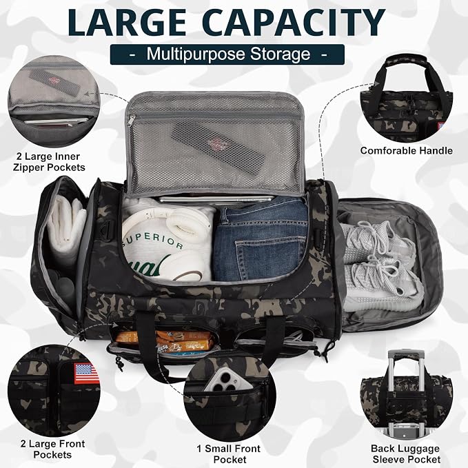 Tactical Gym Bag for Men,70L Large 3-in-1 Sports Duffle Bag for Travel Gym | Water Resistant ,Adjustable Shoulder Strap,MOLLE Weekender Overnight Bag with Shoes Compartment,Gym Backpack for Gym,Travel - Image 3