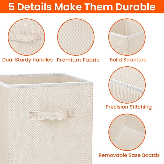 Storage Cubes - 11 Inch Heavy Duty Fabric Storage Bins for Shelves Closet Cube Organizer - 8 Pack Collapsible Cube Storage Bins Baskets for Clothes Blankets Toys - Nursery Organization (Beige) - Image 3