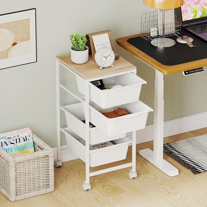 GOFLAME 4-Drawer Rolling Storage Cart, Craft Storage Cart with Wooden Tabletop and Lockable Wheels, Art Cart Supply Storage Organizer with Metal Frame for Home Office Classroom, White - Image 9