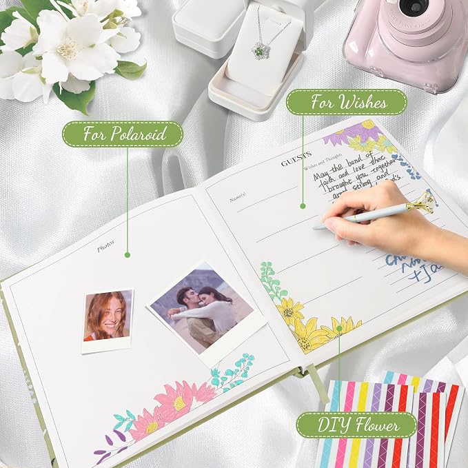 Embroidered Wedding Guest Book—The Perfect Polaroid Guest Book for Wedding Receptions, Birthdays, Baby Showers, and Special Events with 3 Photo corner stickers+ 3 DIY pens+1 Diamond Pen (green) - Image 3