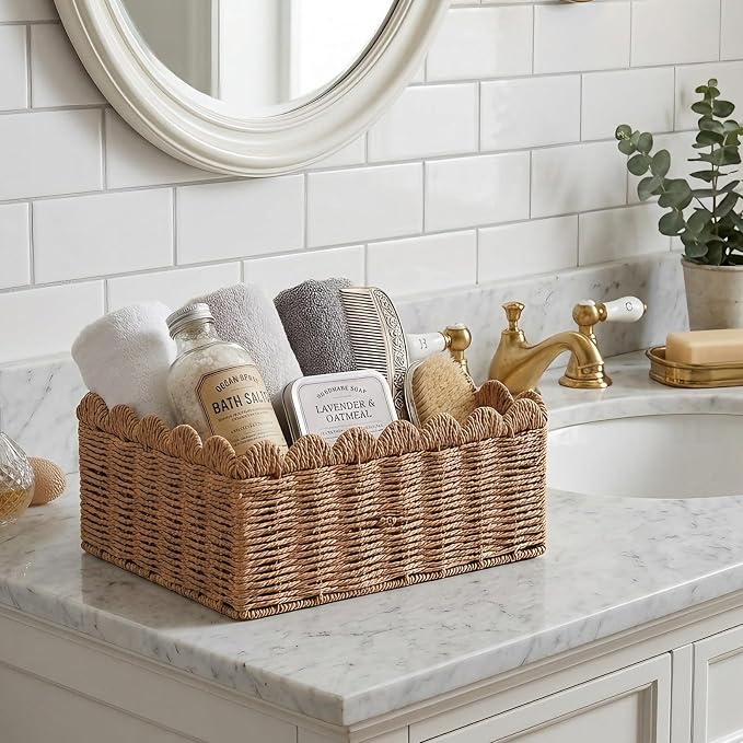 3 Pcs Wicker Storage Baskets for Shelves Picnic Basket,Scalloped Baskets, Hand-woven Wicker Storage Cubes, Paper Rope Shelf Baskets for Organizing and Decoration,Brown Basket - Image 8