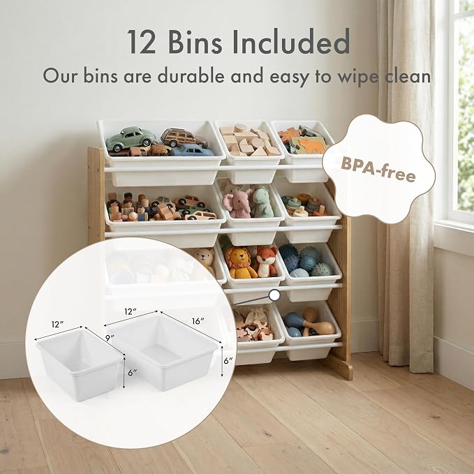 Humble Crew Kids Toy Organizer with 12 Bins, 4 Tier Storage for Playroom | Sturdy wood and steel toddler shelf, removable BPA-free containers, wall anchor anti-tip safety kit for bedroom or classroom - Image 4