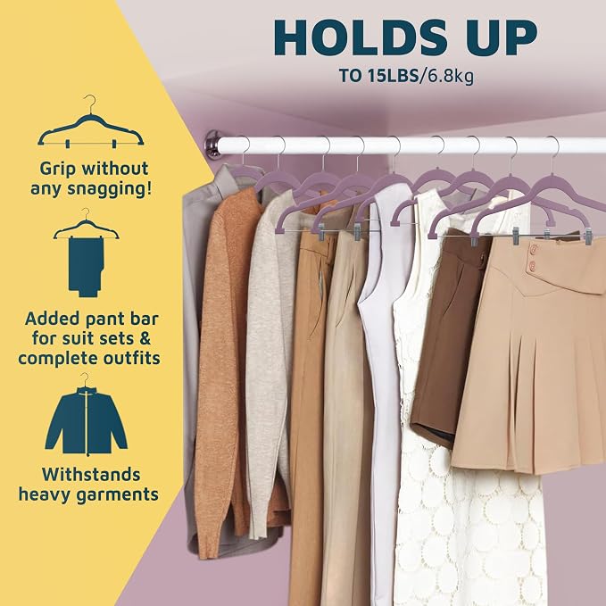 Lifemaster Velvet Skirt Hangers – with Adjustable Clips, 360 Degree Swivel Hook, and Non-Slip Shoulder Notch, Holds Up to 10 lbs, for Organizing Skirt, Pants, Dress, and Clothes, Pack of 30, Purple - Image 11