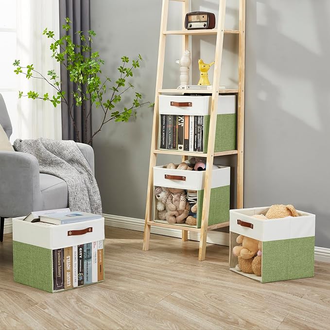 Storage Cubes, 4 Pack Linen Foldable Storage Bins with Clear Window and 2 Handles, 13x15x13 for Shelf Closet, Kallax, Clothes, Books - Green/Off-White - Image 3