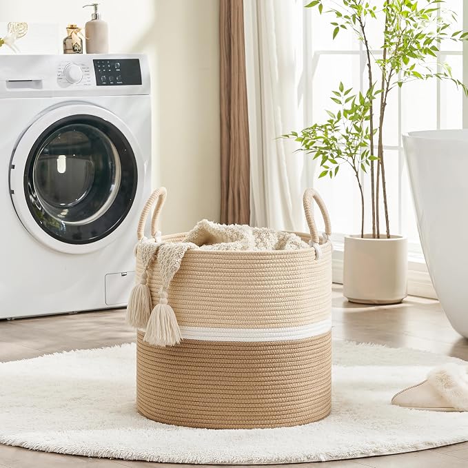 KAKAMAY Large Blanket Basket (18"x18"x16"),Woven Baby Laundry Hamper for Storage, Cotton Rope Blankets Baskets for Nursery, Laundry, Living Room, Pillows, Baby Toy chest with Handles (Light Brown) - Image 4