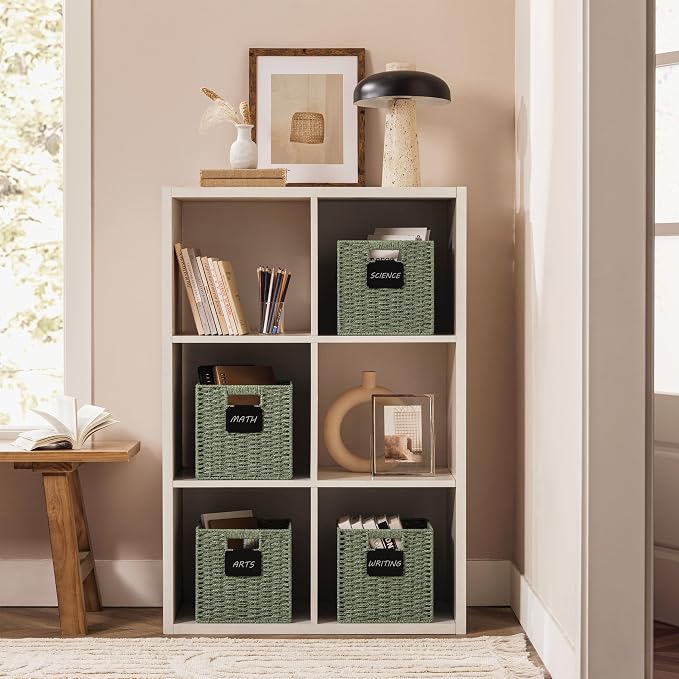 UBBCARE 4 Pack Small Wicker Basket, 9×9 Storage Cubes with Label, Foldable Green Decor Cube Storage Bin with Handle, Square Storage Basket for Shelves, Woven Paper Rope Basket for Organizing, Green - Image 5
