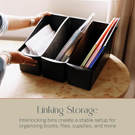 Linking Storage Book Bins, Plastic, 10-Pack, Black | Durable plastic with built-in handles, interlocking, nestable, ideal for books, magazines, and files in a classroom or office - Image 3