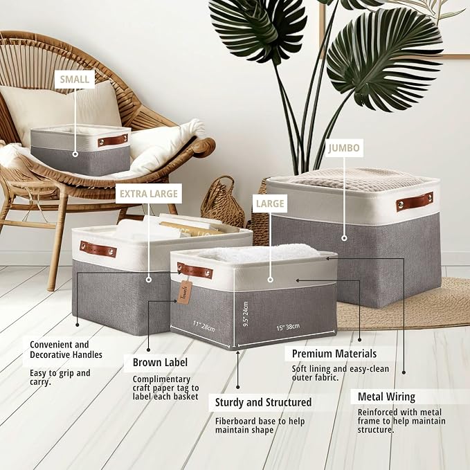DECOMOMO Storage Bins, Large Fabric Storage Baskets for Shelves 3 Pack | 15 x 11 x 9.5 inches Decorative Linen Closet Organizers (Slate Grey & White) - Image 6