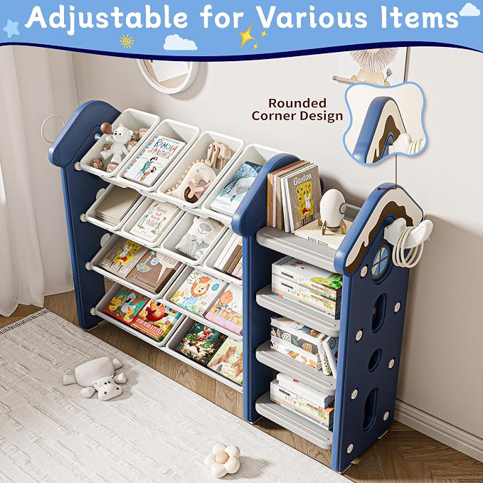 Pipleo Kids Toy Storage Organizer with 12 Removable Bins, Toy Organizers and Storage with 4-Tier Bookshelf for Kids Toy Storage Organizer (Blue) - Image 5