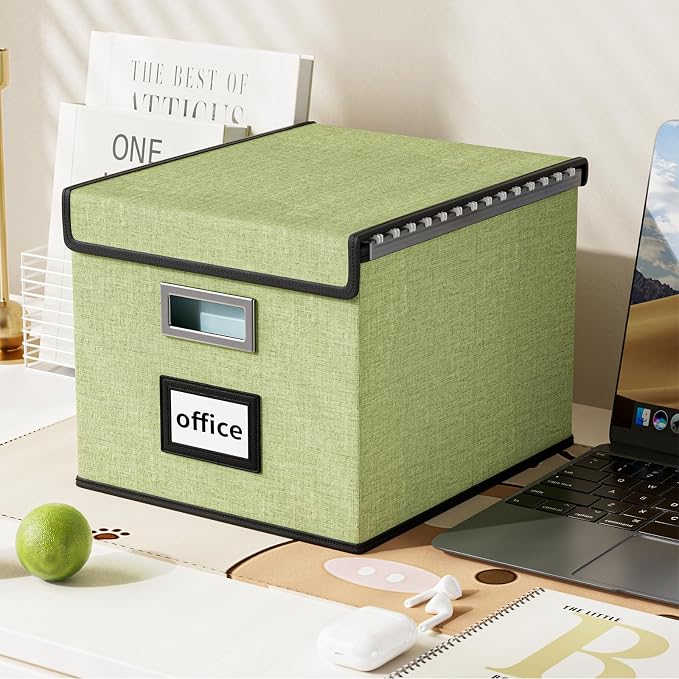 File Organizer Box with Lids, Collapsible File Folder Organizer | File Box with Plastic Slides for Document, Filing Bin for Letter Size Hanging File Folders (2 Pack, Dark Green) - Image 5