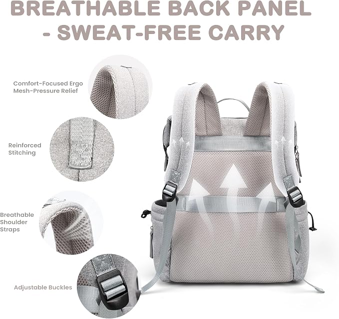 VONAL Neoprene Diaper Bag Backpack with Changing Pad, 33L Large Capacity Neoprene Backpack Baby Diaper Bag with Insulated Pockets, Travel Diaper Backpack Baby with 12 Pockets for Mom & Dad, Gray - Image 6