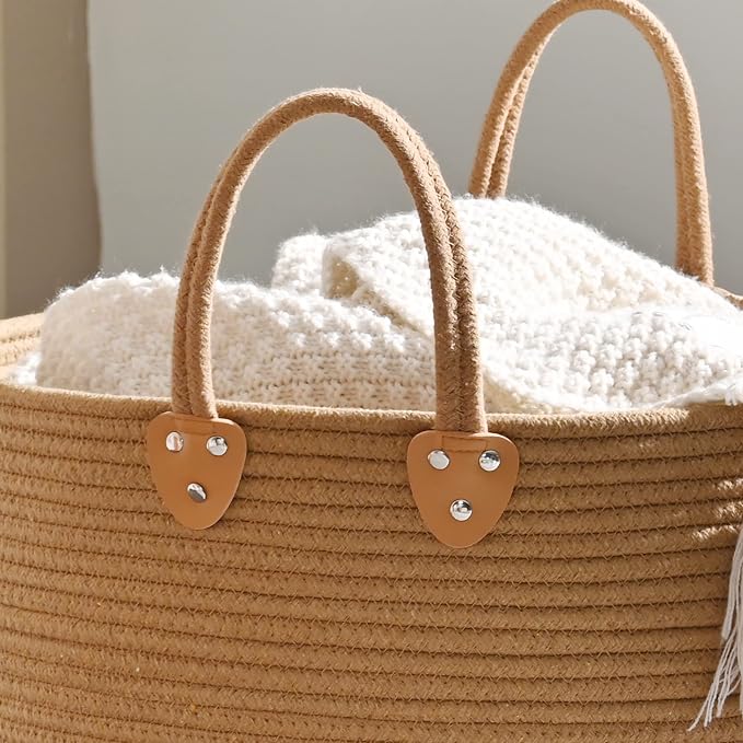 KAKAMAY Large Blanket Basket (18"x18"x16"),Woven Baby Laundry Hamper for Storage, Cotton Rope Blankets Baskets for Nursery, Laundry, Living Room, Pillows, Baby Toy chest with Handles (Brown) - Image 5