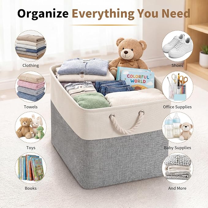 13×15×13 Inch Foldable Fabric Storage Basket with Handles | Large Storage Basket,6 Pack Storage Cubes,Home Organisation Solutions,Closet Storage (White&Gray) - Image 7