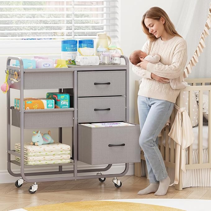 KINGRACK Baby Diaper Caddy Organizer and Storage Cart with Cloth Drawers | 3 Tier Metal Rolling Cart, 2-in-1 Large Capacity Mobile Utility Cart for Nursery, Bedroom, Changing Table & Crib - Image 2