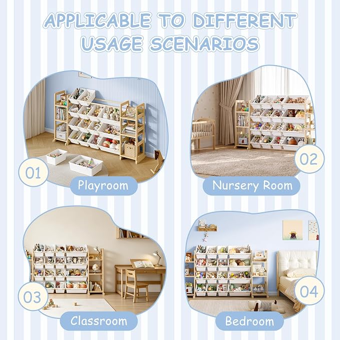 EXPERLAM Extra Large Toy Storage - Toy Storage Organizer, Wooden Toy Organizer with 6 Side Shelves and 16 Bins, 3-in-1 Bookshelf for Kids Rooms, Playroom, Nursery, White - Image 9