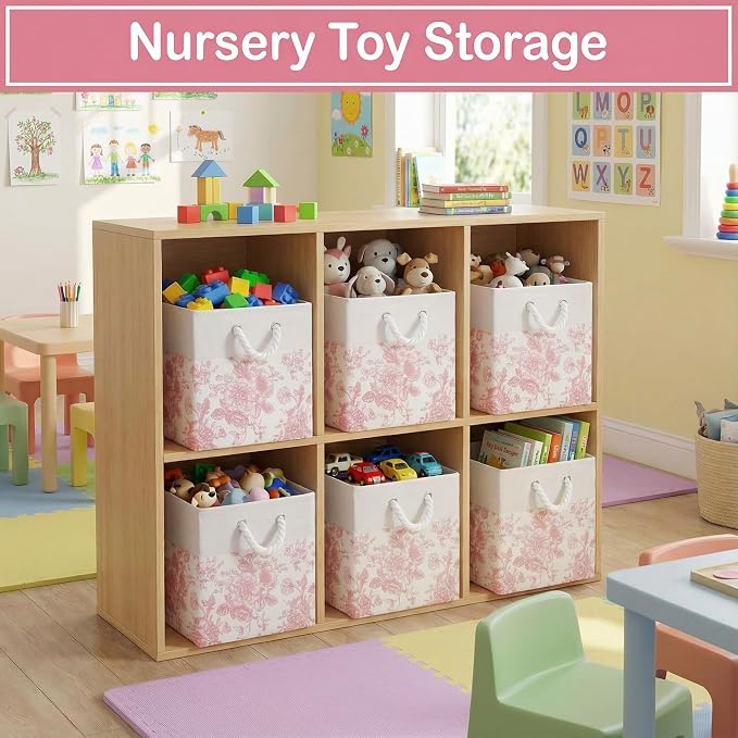 LemonRoad 6 Pcs Pink Floral Cube Storage Bins 11.22 Inch Square Storage Basket with Handle, Preppy Girls Organizer Basket, Collapsible Fabric Box for Classroom Bedrooms Office Home Decoration Gift - Image 4