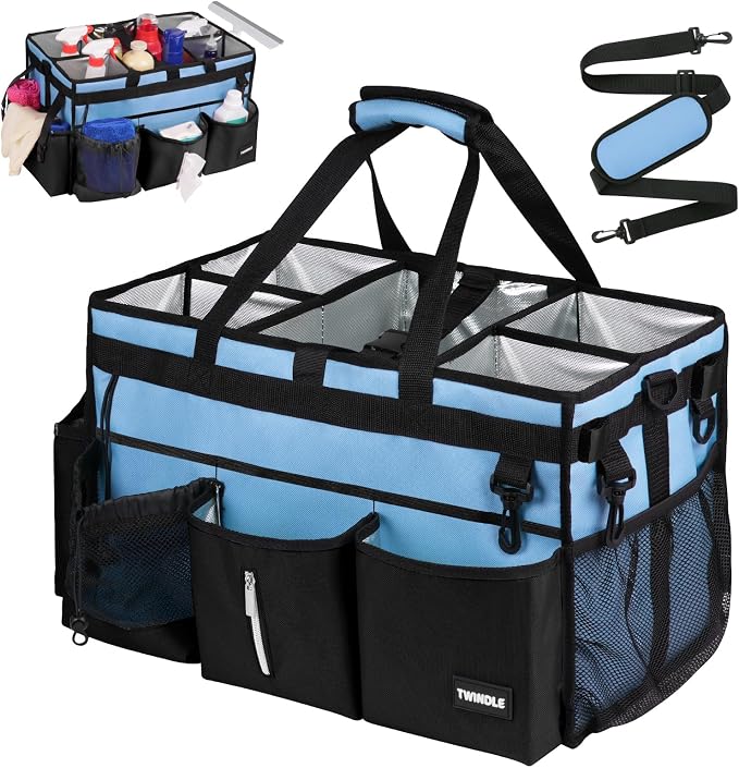 Extra-Large Cleaning Caddy Organizer,Cleaning Caddy for Cleaning Supplies | 18.11" x 11.02" x 11.02" Wearable with Handle,Adjustable Shoulder Strap,Waist Belt,Light Blue by TWINDLE