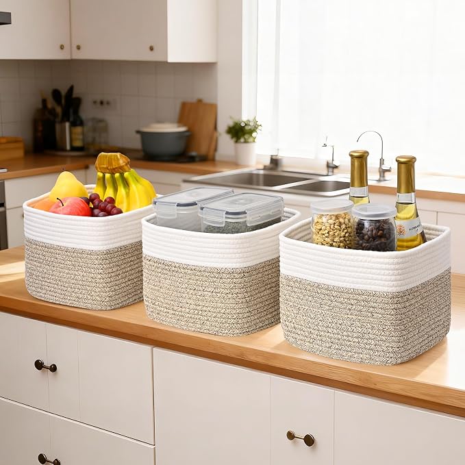 3 Pack Cube Storage Bin, 9”x9”x7” Cotton Rope Woven Baskets for Organizing Toys Clothes Towels, Square Gift Storage Baskets for Shelves, Nursery, Closet, Bathroom, Pantry (White & Jute) - Image 5