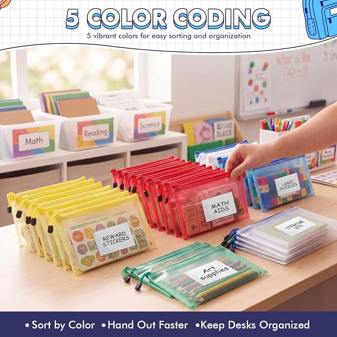Handepo 200 Pack A6 Mesh Zipper File Bags with Label Cards, 9.45x4.53 in Waterproof Plastic Pouches, 5 Color Small Pencil Case for Office School Home Organization and Bill Stationary - Image 7