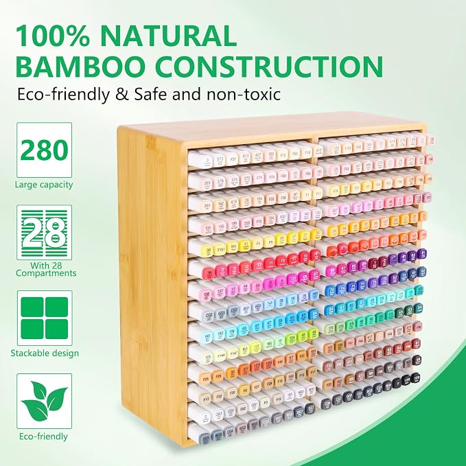Bamboo Marker Organizer Markers 280pcs Markers Pen Holder Art Supply Pencil Storage Organizer with 28 Compartments All-in-One Marker Storage for Office Home (Holds up to 280pcs Markers) - Image 6