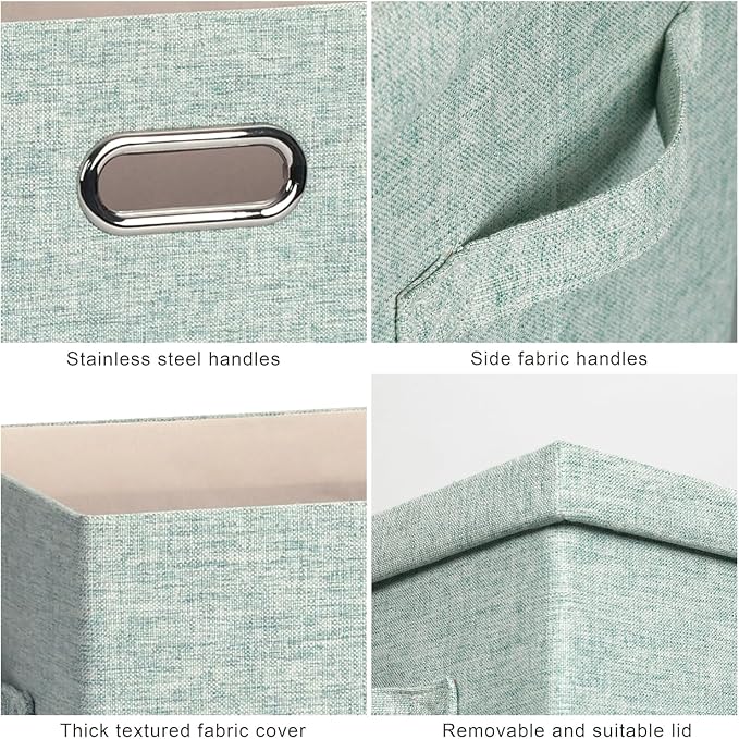 Storage Bins with Lids Fabric Closet Organizers Cubes Office Organization | 36 Quart 3 Pack Light Green Collapsible Stackable Linen Fabric 4 Handles Bedroom Closet Cabinet Under Bed Clothes Toy Office - Image 7