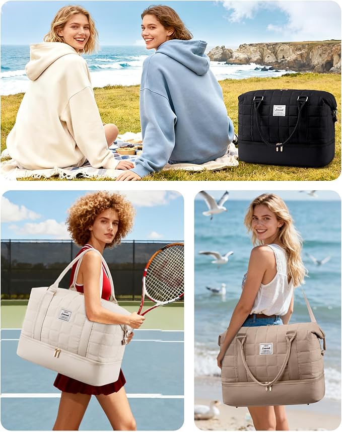 LOVEVOOK Travel Duffel Bag - Versatile Weekender Bag for Women, Puffer Carry On & Overnight Bag for Short Trips, Beige - Image 2
