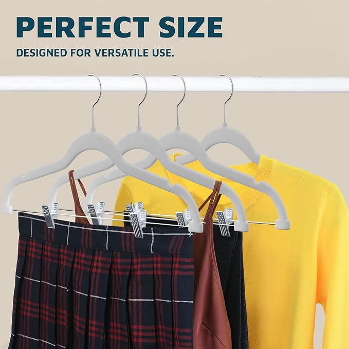 Lifemaster Velvet Skirt Hangers – with Adjustable Clips, 360 Degree Swivel Hook, and Non-Slip Shoulder Notch, Holds Up to 10 lbs, for Organizing Skirt, Pants, Dress, and Clothes, Pack of 10, White - Image 3