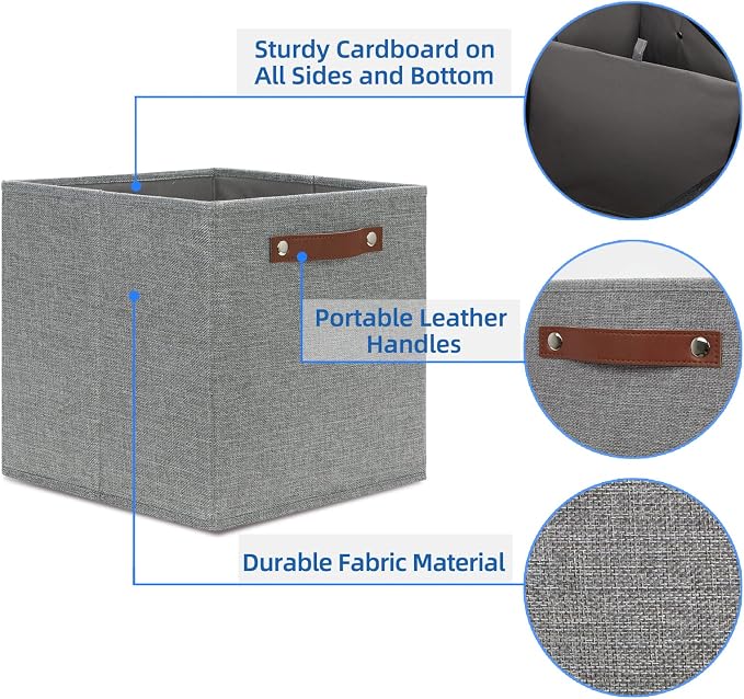 Temary 12x12 Storage Cube Bins 4 Pack Fabric Storage Cubes Storage Bins with Leather Handles, Storage Baskets Foldable Cube Organizers Bins for Home (Grey) - Image 3