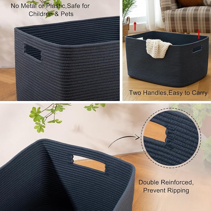 OIAHOMY 118L XXXLarge Cotton Rope Storage Basket, Oversized Blanket Basket, Used for Organizing Dirty Clothes in Living Room, Bedroom, Nursery, Dog Toy Storage Bins, 25" x 17" x 16",Blue - Image 5