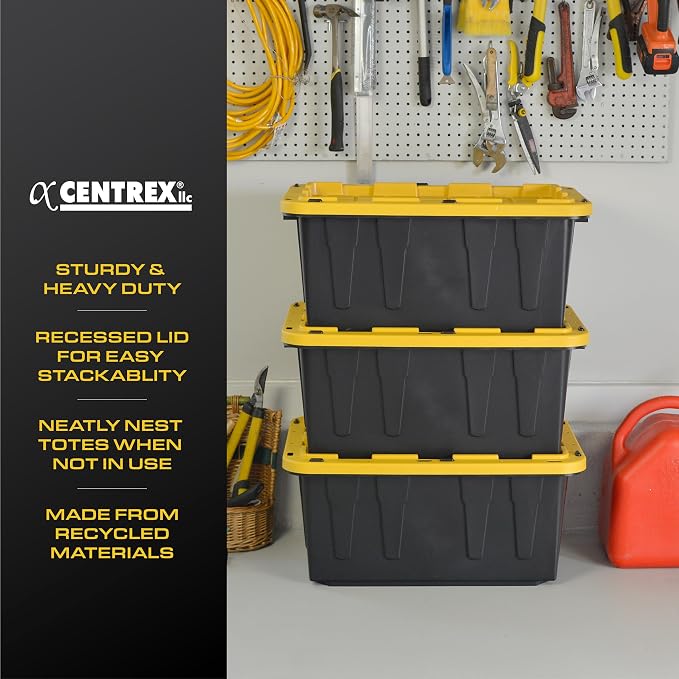 CX Heavy Duty 17-Gallon Stackable Plastic Storage Bins with Lids, 4 Pack | Storage totes for garage organization, Stackable containers, weather-resistant, snap lid, 12.5H x 18W x 26.9D, Black/Yellow - Image 2