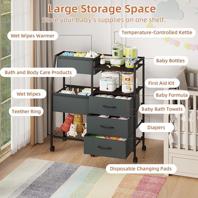 Somdot Baby Diaper Caddy Organizer, 3-Tier Rolling Cart with Drawers | Large-Capacity Metal Nursery Organizer with Removable Dividers, Charcoal Grey - Image 3
