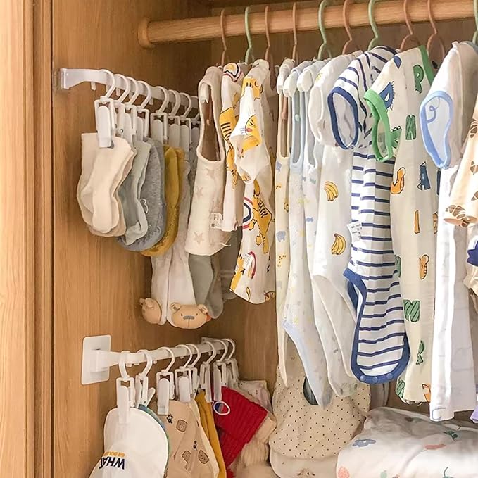 Kid Pants Hanger Organizer with 10 Clips - White & Plastic | Baseball Cap Display Holder, Closet Rail Wall Mounted Door Rack for Drying Baby Socks, Towel, Hats, Toddler Leggings - Image 3