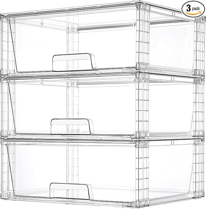 Vtopmart 3 Pack Large Clear Stackable Storage Drawers for Closet, Pantry | Easily Assemble Bathroom Closet Undersink Organizers,Plastic Bins for Cabinet,Kitchen Pantry,Medicine Organization by Vtopmart