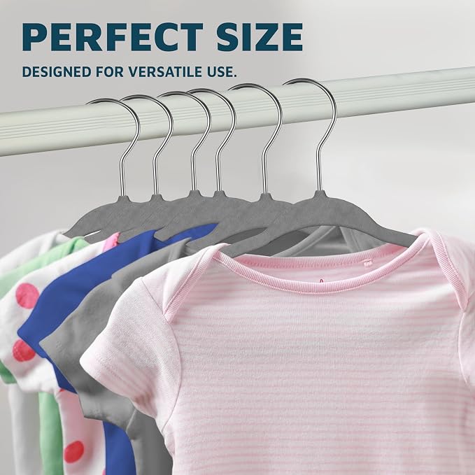 Gray Velvet Kids Hangers 50 Pack, 10.83" Non-Slip Baby & Toddler Hangers for Clothes, Space-Saving Slim ABS Plastic with 360° Swivel Hook & Notched Shoulders, Up to 10 lb Capacity - Image 7