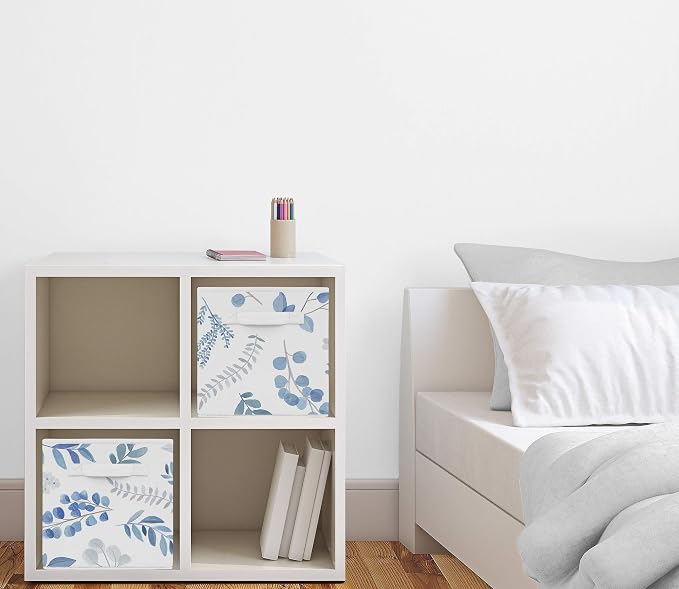 Sweet Jojo Designs Floral Leaf Foldable Fabric Storage Cube Bins Boxes Organizer Toys Kids Baby Childrens - Set of 2 - Blue Grey and White Boho Watercolor Botanical Flower Woodland Tropical Garden - Image 2