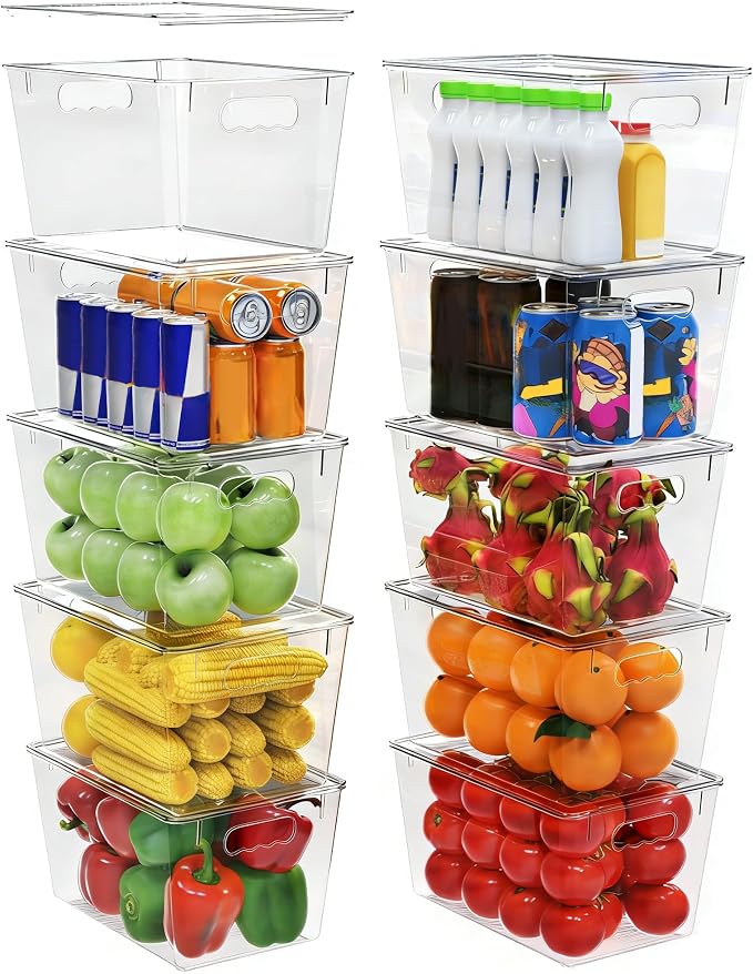 YAN & HIN 10 Pack Clear Storage Bins with Lids, Stackable Plastic Organizer Bins with Handles, Pantry Organizers and Storage for Kitchen Cabinet, Fridge, Bathroom, Closet and Shelf Organization by YANHIN